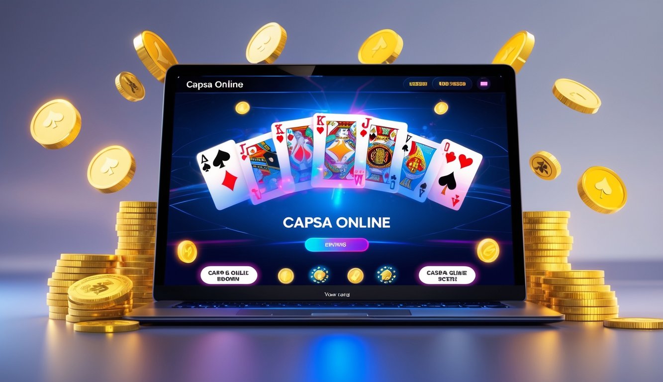 Sebuah layar perangkat digital menampilkan permainan kartu Capsa online dengan simbol jackpot dan bonus, dikelilingi oleh chip poker dan koin digital.
