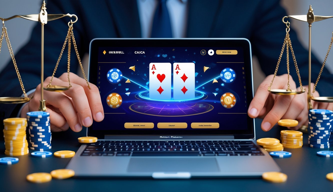 Seorang pemain menggunakan laptop atau ponsel untuk bermain game kartu online dengan tumpukan chip dan simbol keadilan di latar belakang.