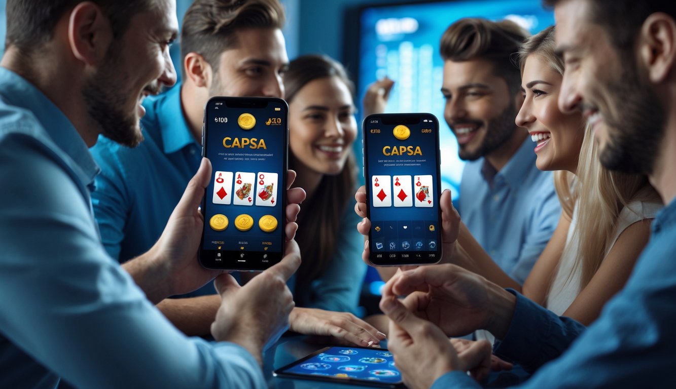 Orang-orang sedang bermain Capsa online menggunakan perangkat digital dengan suasana yang ceria dan percaya diri.