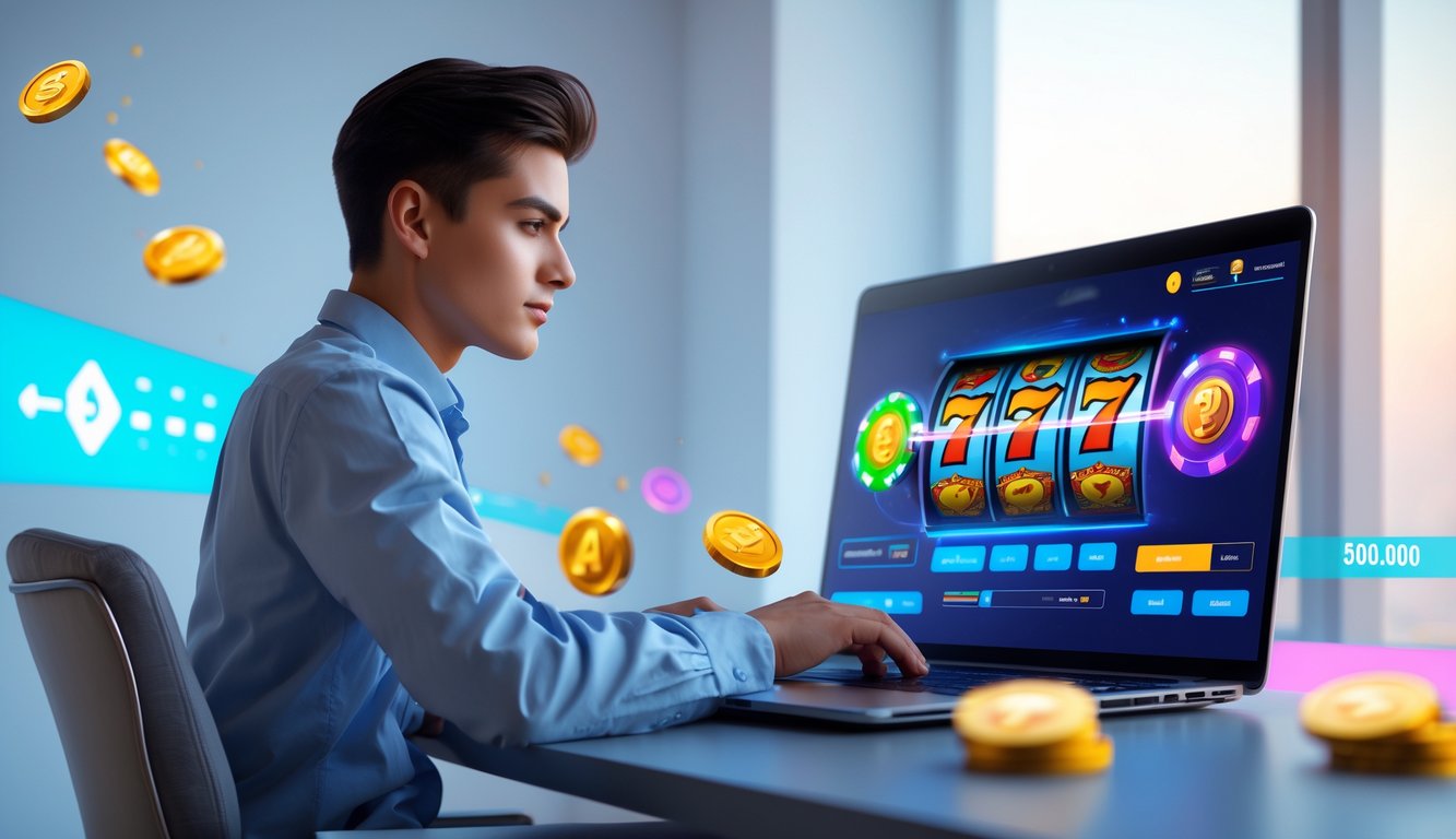 Seseorang menggunakan laptop dengan tampilan permainan slot online dan simbol kemenangan di sekitarnya.