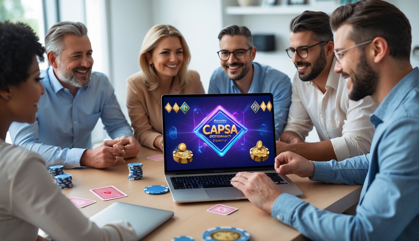 Sekelompok orang dewasa bermain permainan kartu Capsa online di depan laptop di ruangan modern yang terang dan nyaman.