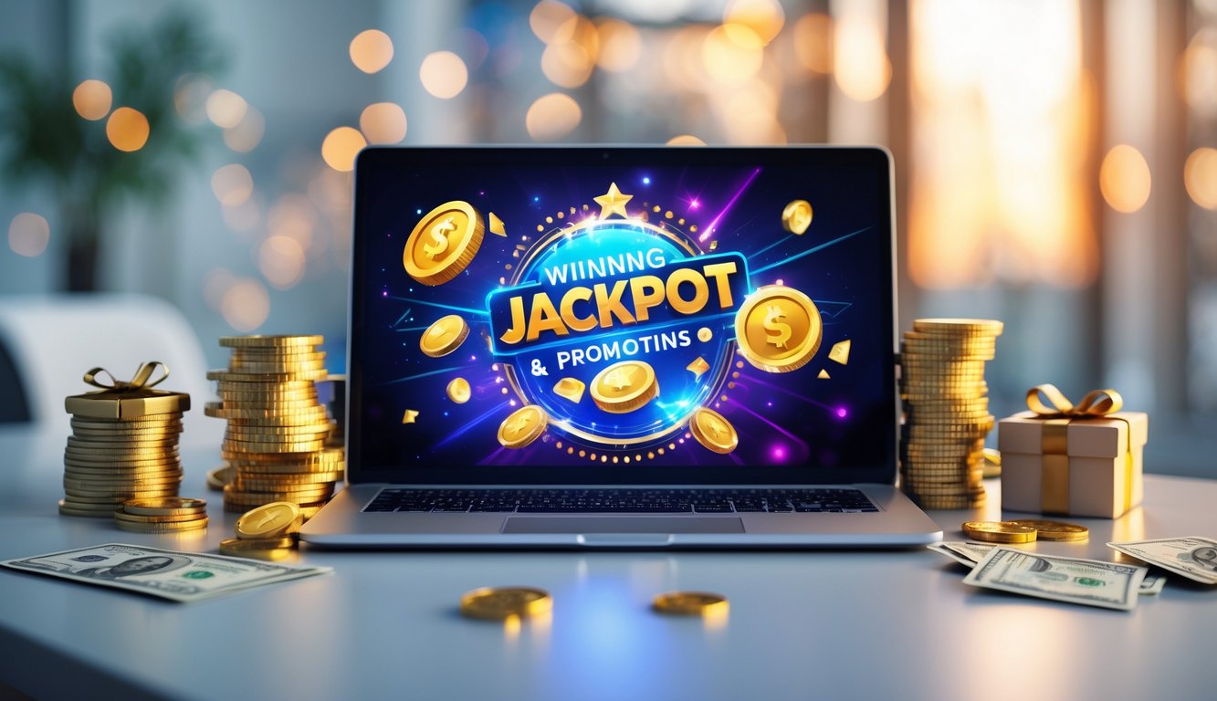 Sebuah laptop atau ponsel menampilkan permainan kasino online dengan simbol jackpot dan tumpukan uang di meja yang rapi.