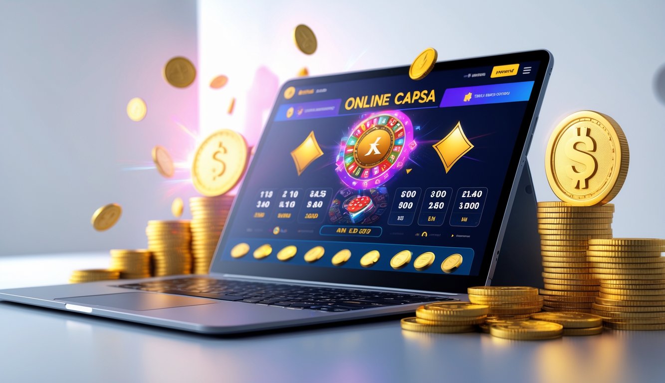 Seorang pemain menggunakan laptop untuk bermain Capsa online dengan tampilan kartu dan chip di layar, menunjukkan suasana permainan dan hadiah besar.