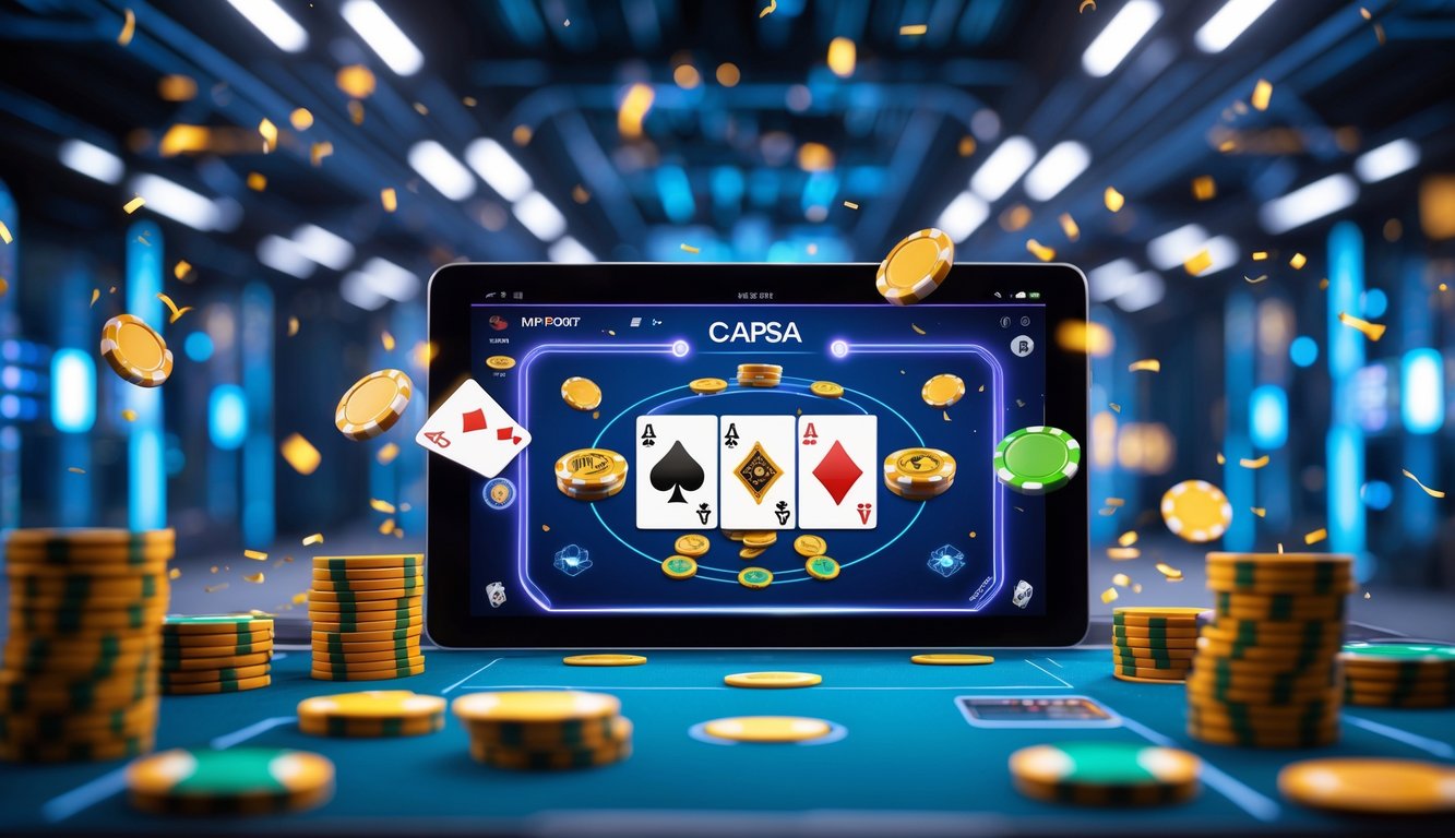 Suasana permainan Capsa online dengan tampilan kartu dan chip di meja digital, latar belakang server komputer yang menyala menunjukkan koneksi stabil.