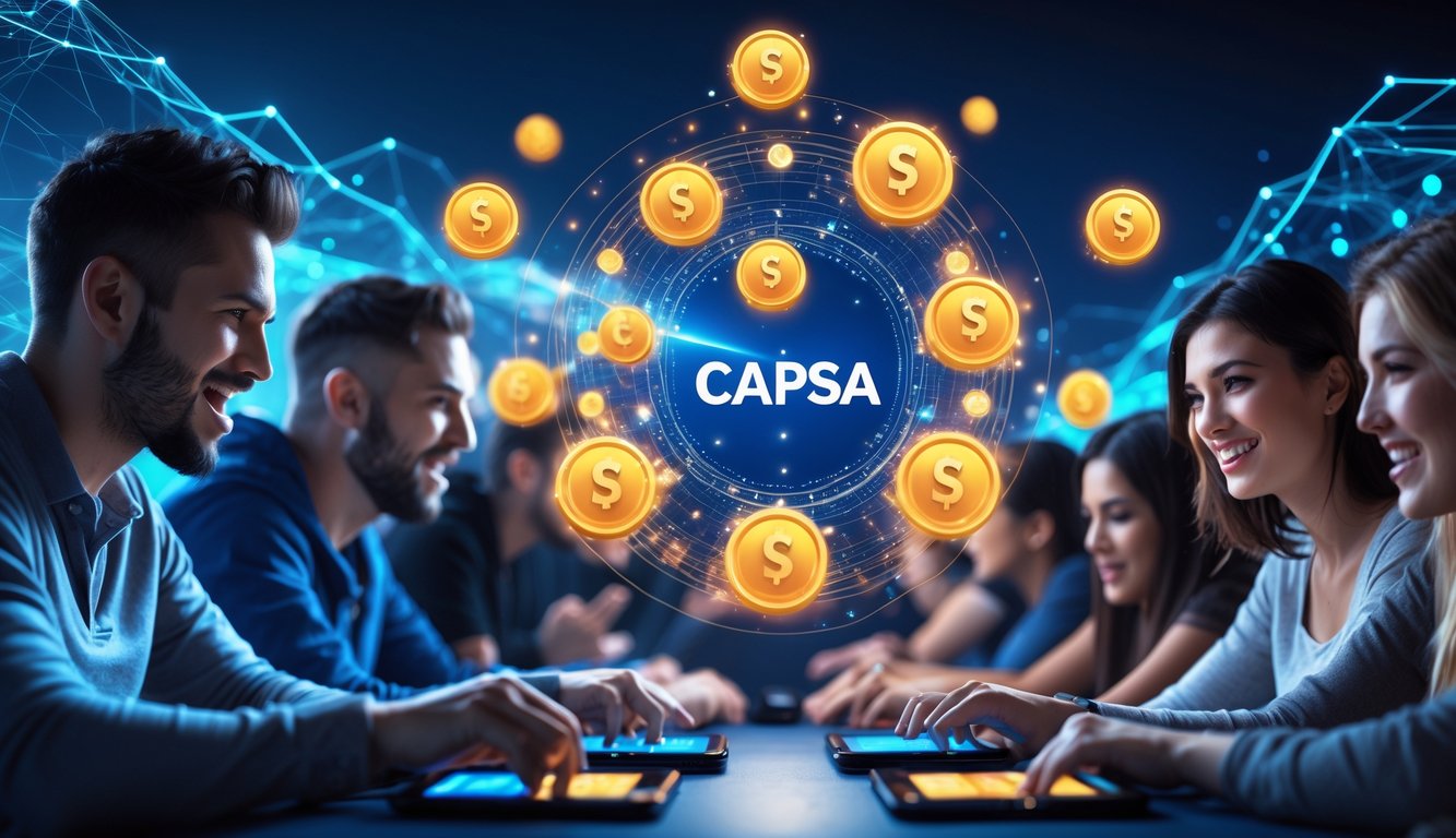 Beberapa pemain sedang fokus bermain game Capsa online dengan tampilan antarmuka digital dan ikon jackpot yang menyala.