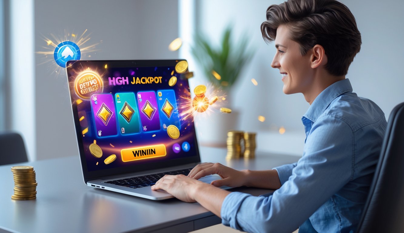 Seorang dewasa muda duduk di depan laptop, fokus bermain permainan kartu online dengan suasana kemenangan dan kegembiraan.