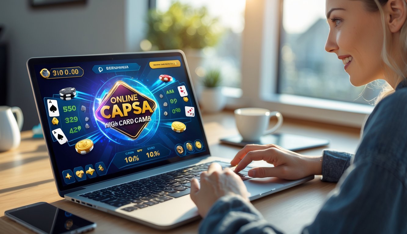 Seorang pemula bermain permainan Capsa online di laptop di ruang kerja rumah yang terang dan nyaman.