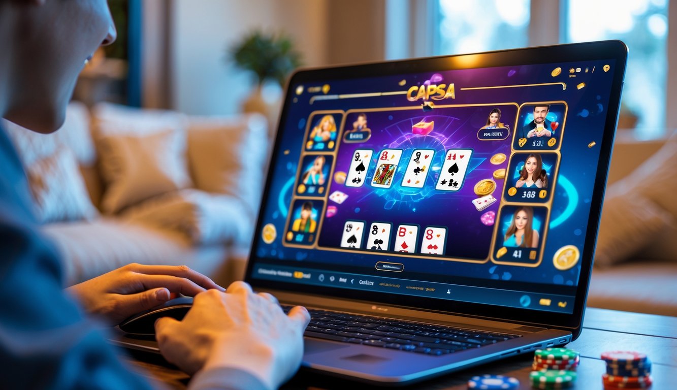 Seseorang bermain permainan kartu online di depan komputer dengan tampilan game kartu yang cerah dan suasana ruangan yang nyaman.