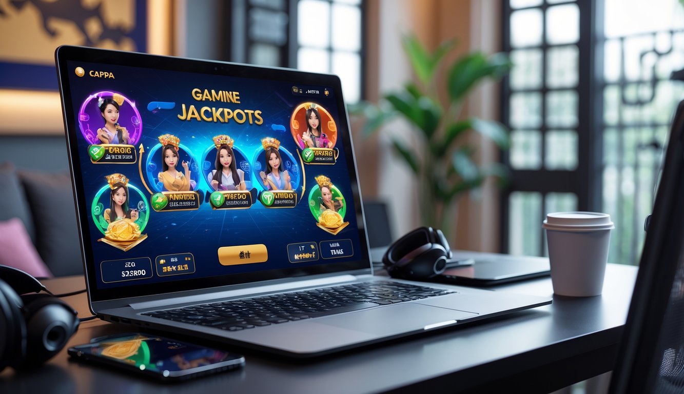 Seorang pemain sedang bermain game kartu online di depan komputer dengan suasana ruangan yang nyaman dan dekorasi bergaya Asia.