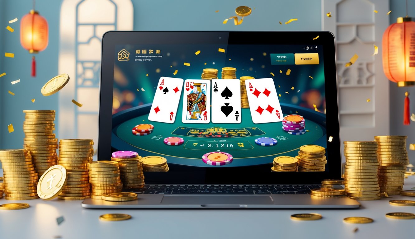 Seseorang bermain Capsa online di laptop dengan kartu dan chip di layar, dikelilingi oleh tumpukan koin emas dan dekorasi yang menunjukkan suasana kemenangan.