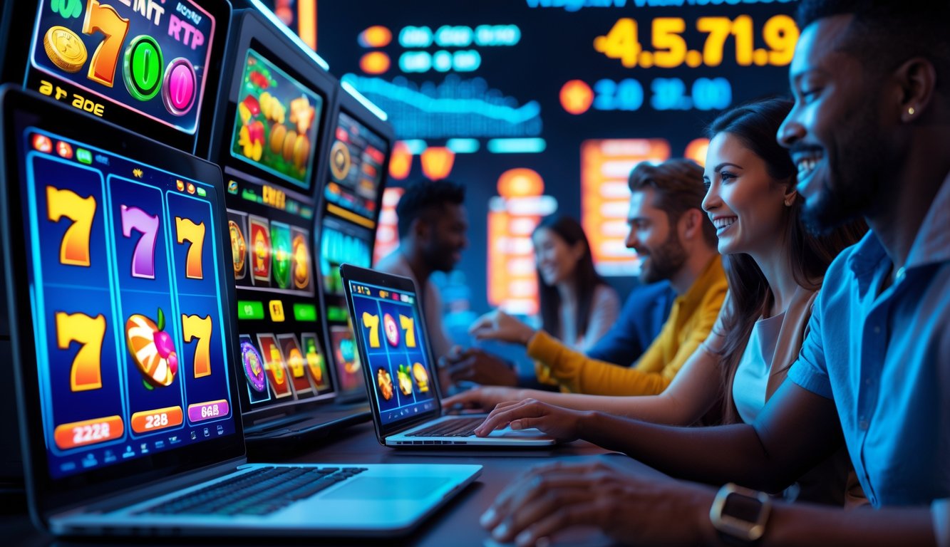 Orang-orang menggunakan laptop dan ponsel untuk bermain slot online dengan tampilan mesin slot digital yang berwarna-warni dan grafik data waktu nyata di latar belakang.