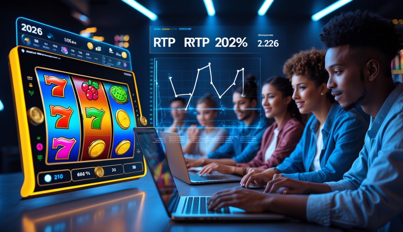 Beberapa orang muda menggunakan laptop dan ponsel untuk bermain mesin slot online dengan grafik dan data RTP yang ditampilkan di layar.