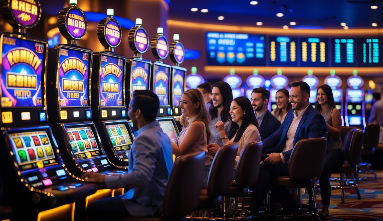 Orang-orang bermain mesin slot di kasino dengan lampu warna-warni dan suasana yang ramai.