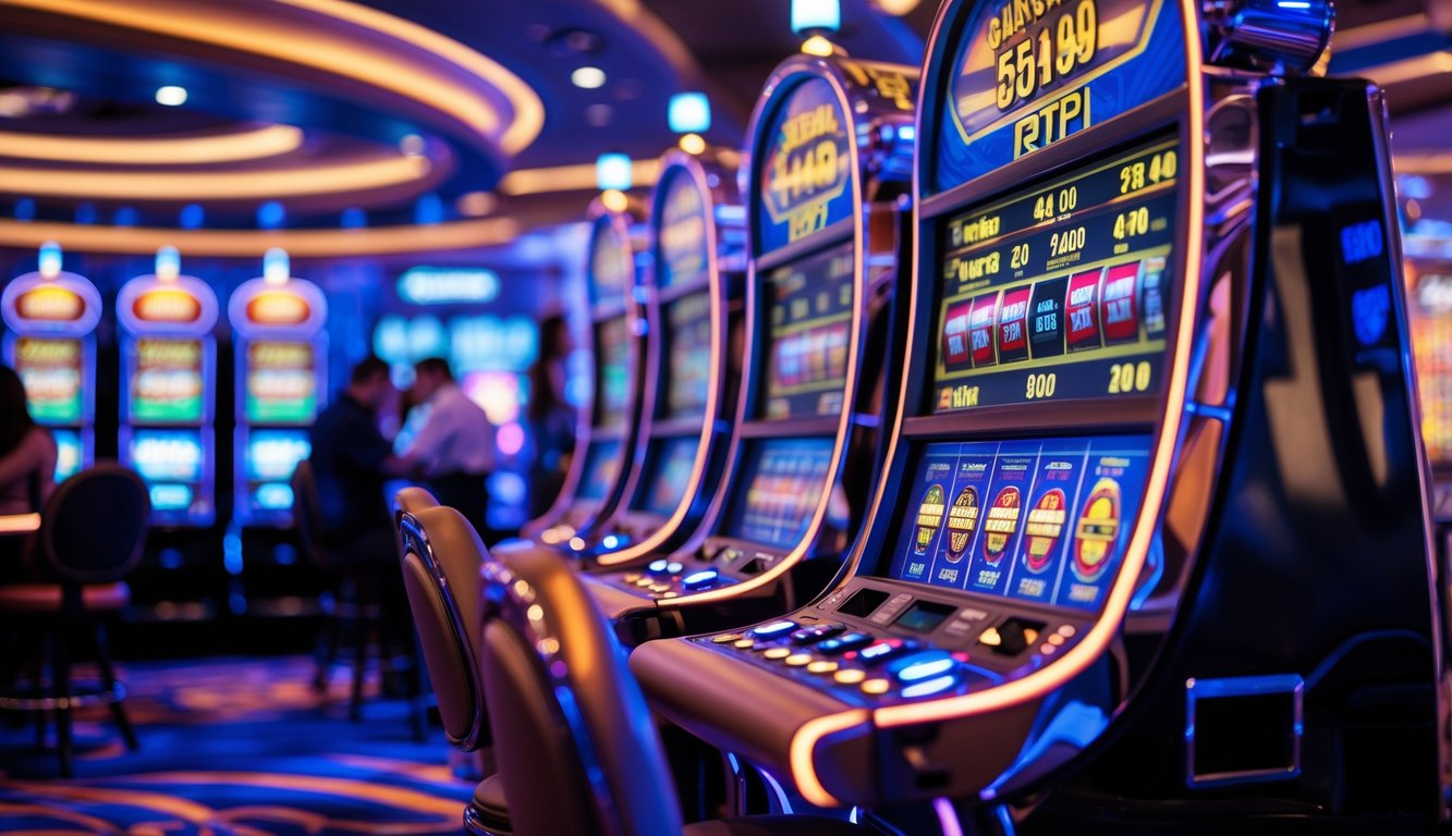 Suasana kasino modern dengan deretan mesin slot berwarna-warni yang menampilkan statistik RTP secara real time, beberapa orang sedang bermain dengan ekspresi antusias.