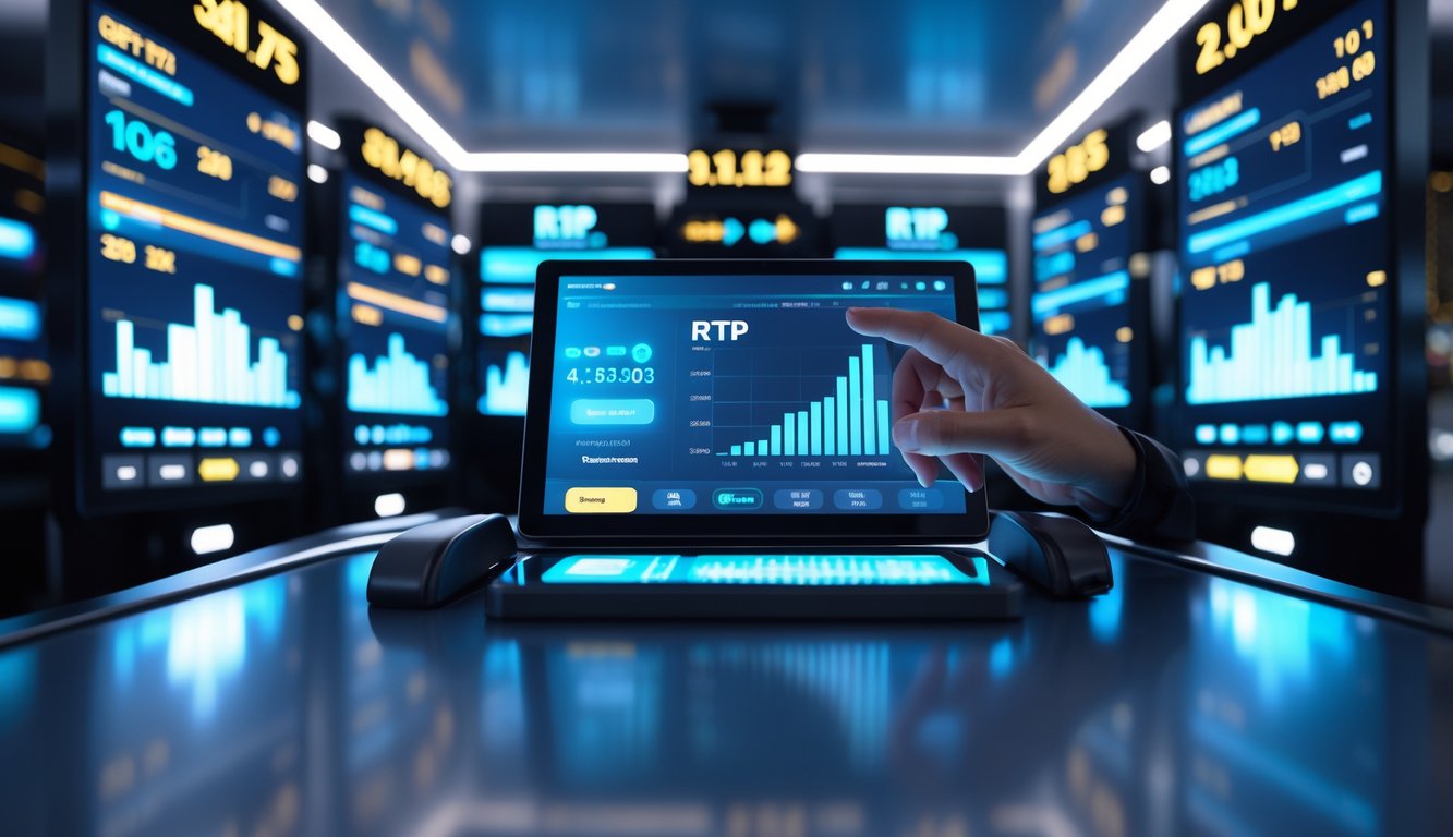 Seseorang menggunakan perangkat layar sentuh di ruangan modern dengan layar digital yang menampilkan data permainan slot online secara real time.