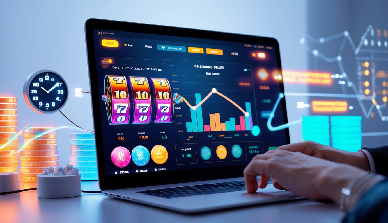Seorang pengguna sedang berinteraksi dengan komputer yang menampilkan permainan slot online dan grafik data real-time.