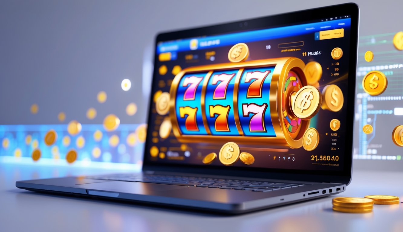Seorang pengguna bermain mesin slot online di komputer dengan layar menampilkan kombinasi kemenangan dan simbol koin digital di sekitarnya.