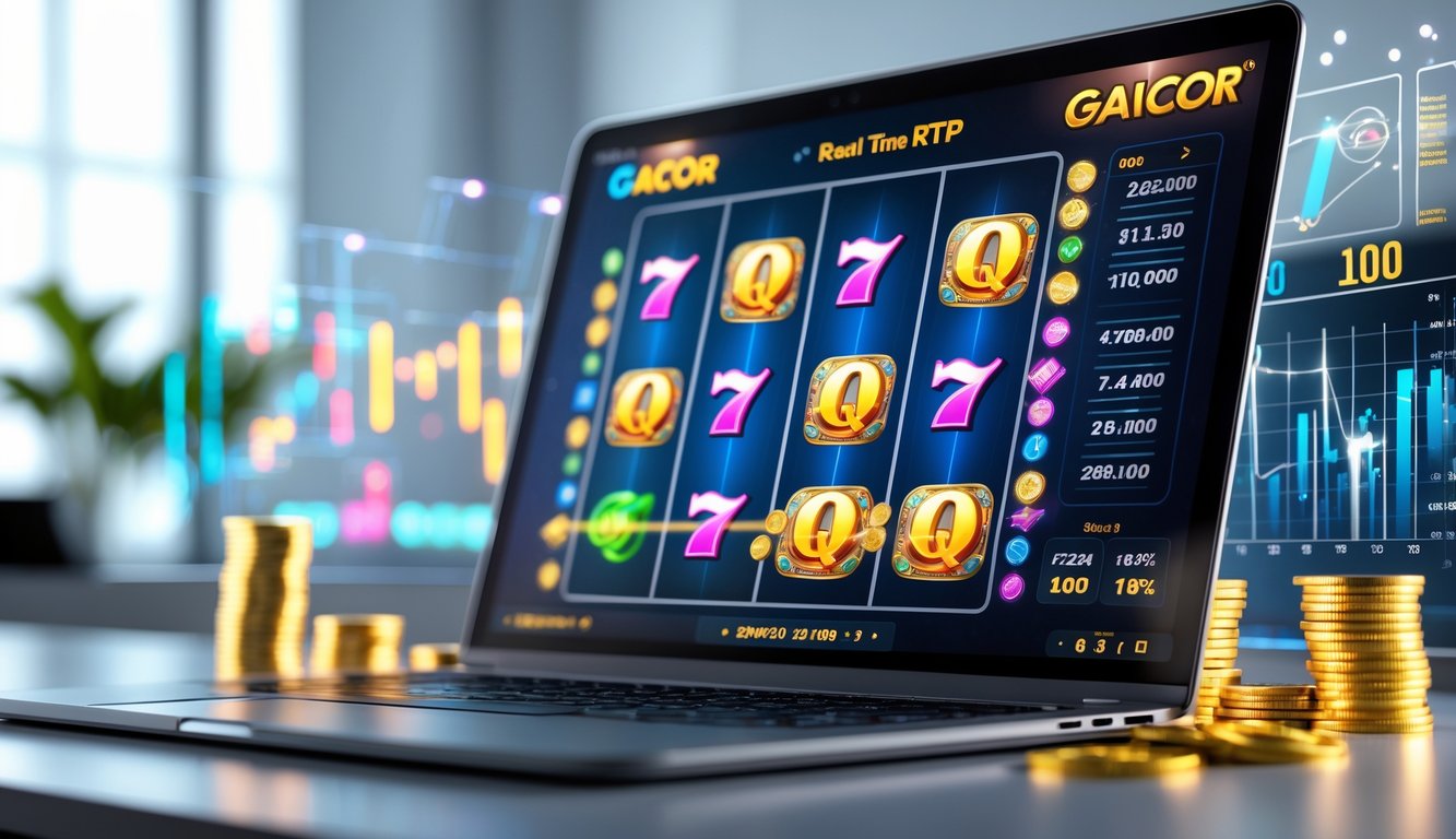 Seorang pengguna bermain slot online di komputer dengan grafik mesin slot warna-warni dan elemen data digital di sekitarnya.