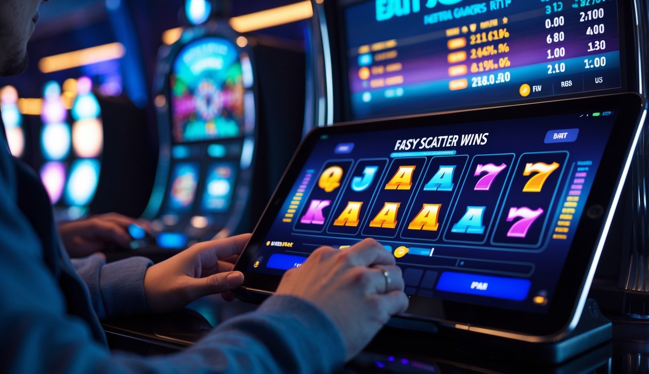 Seorang pemain menggunakan tablet untuk bermain mesin slot digital dengan tampilan grafik dan statistik RTP tertinggi hari ini di latar belakang lounge permainan modern.