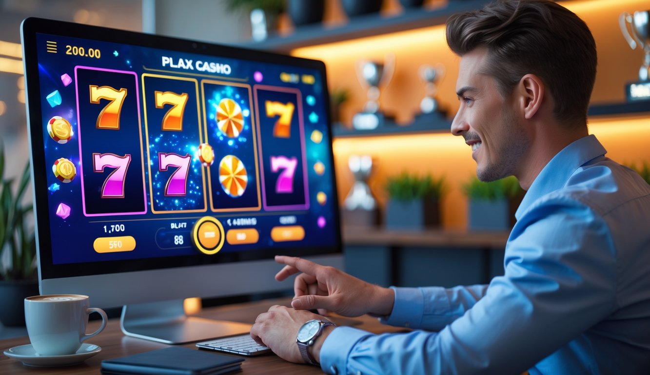 Seorang pria muda menggunakan komputer dengan tampilan permainan slot berwarna-warni di layar dalam suasana kantor modern.