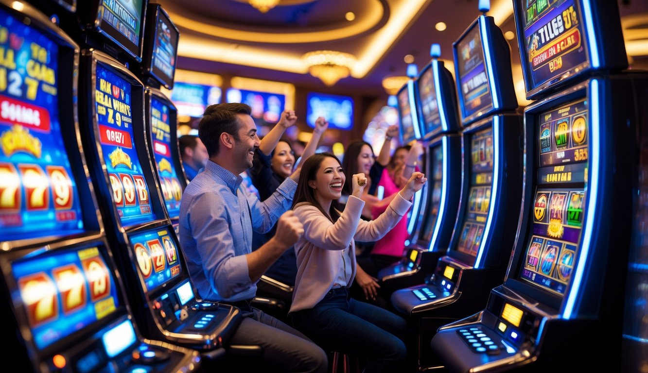 Orang-orang bermain mesin slot di kasino dengan suasana ramai dan mesin slot berwarna-warni yang menyala.