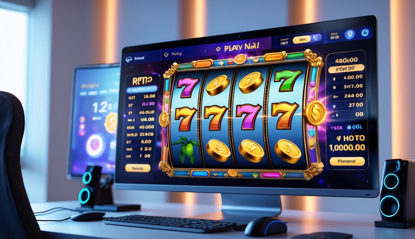 Layar komputer menampilkan permainan slot online dengan simbol warna-warni dan statistik waktu nyata di lingkungan gaming modern.