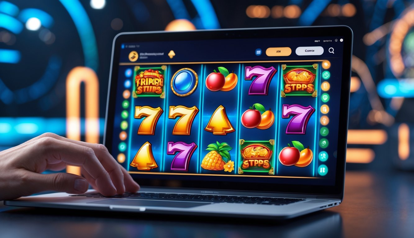 Tangan seseorang bermain game slot online di laptop dengan layar menampilkan gulungan slot warna-warni dan latar belakang digital futuristik.