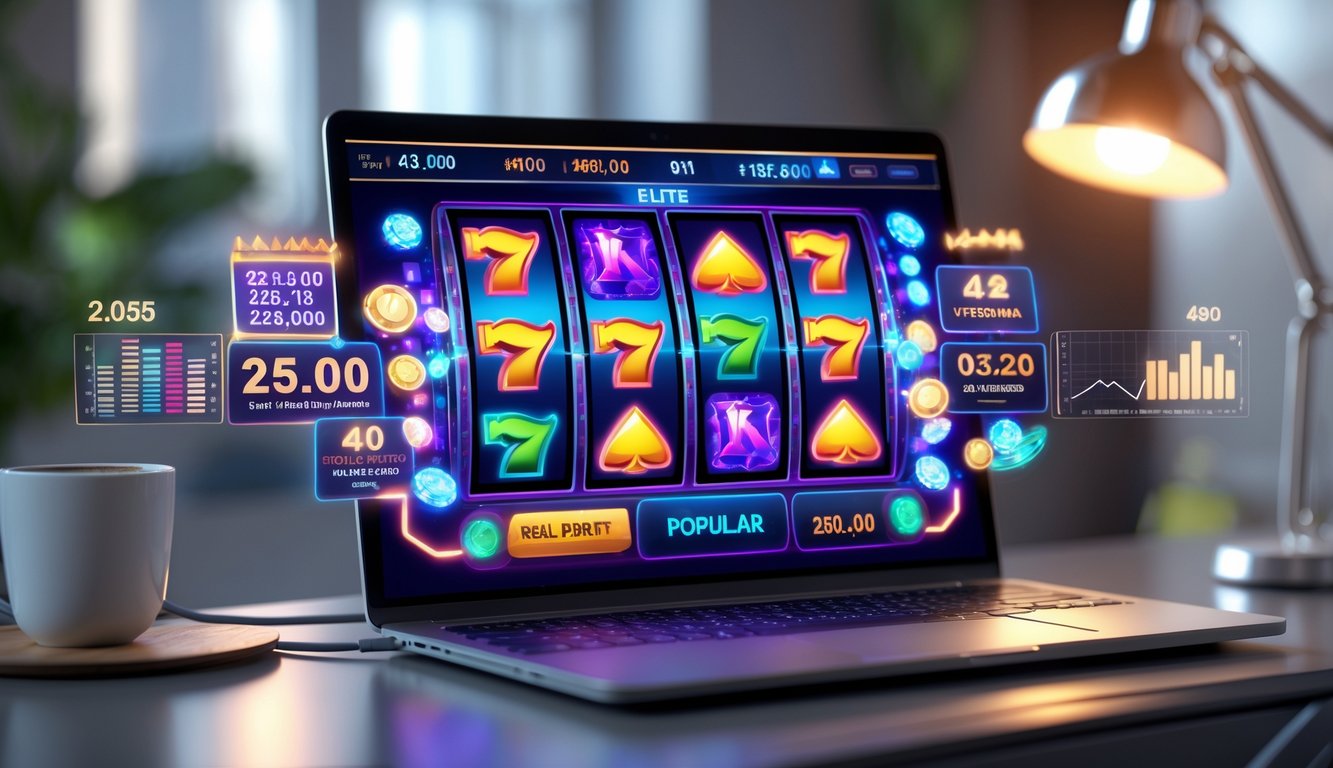Seseorang sedang bermain mesin slot online di komputer dengan latar belakang ruangan yang rapi dan pencahayaan hangat.