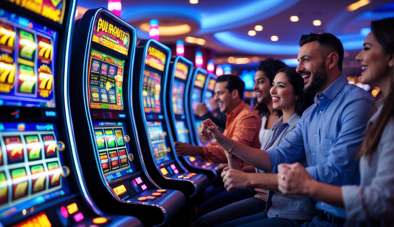 Orang-orang sedang bermain mesin slot di kasino dengan suasana yang ramai dan penuh semangat.