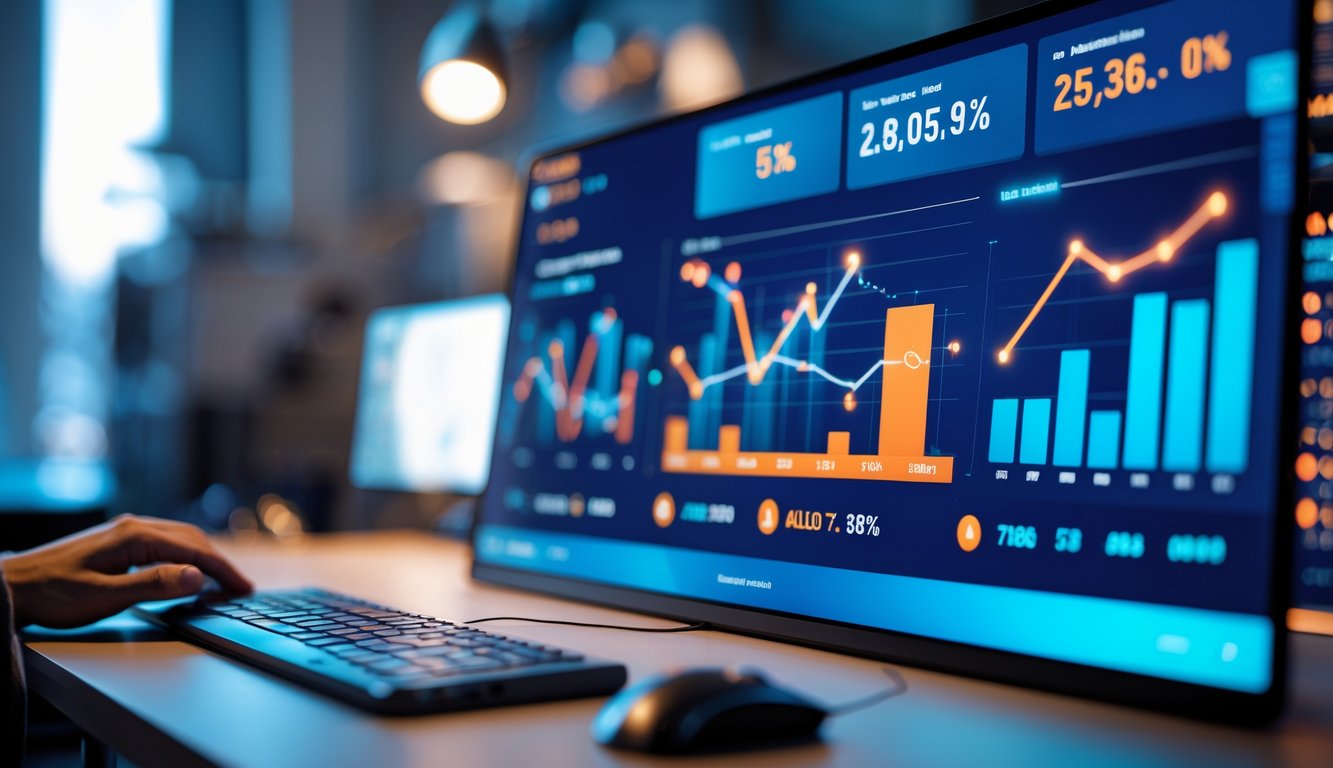 Layar komputer modern menampilkan grafik dan statistik permainan online secara real-time di ruang kerja yang rapi.