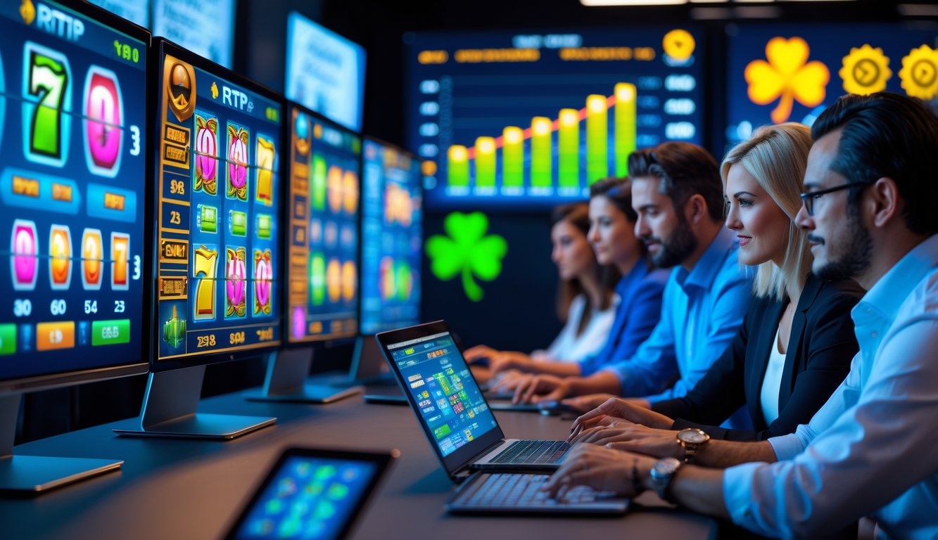 Beberapa orang sedang menggunakan komputer dan tablet untuk bermain dan menganalisis permainan slot online dengan grafik warna-warni dan data waktu nyata di layar.