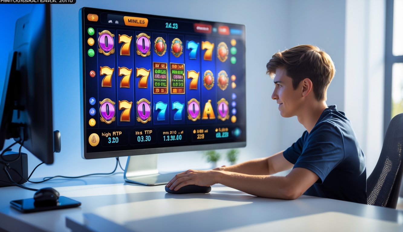 Seorang dewasa muda sedang bermain permainan slot online di komputer dengan layar penuh warna dan suasana ruang kerja yang terang dan rapi.