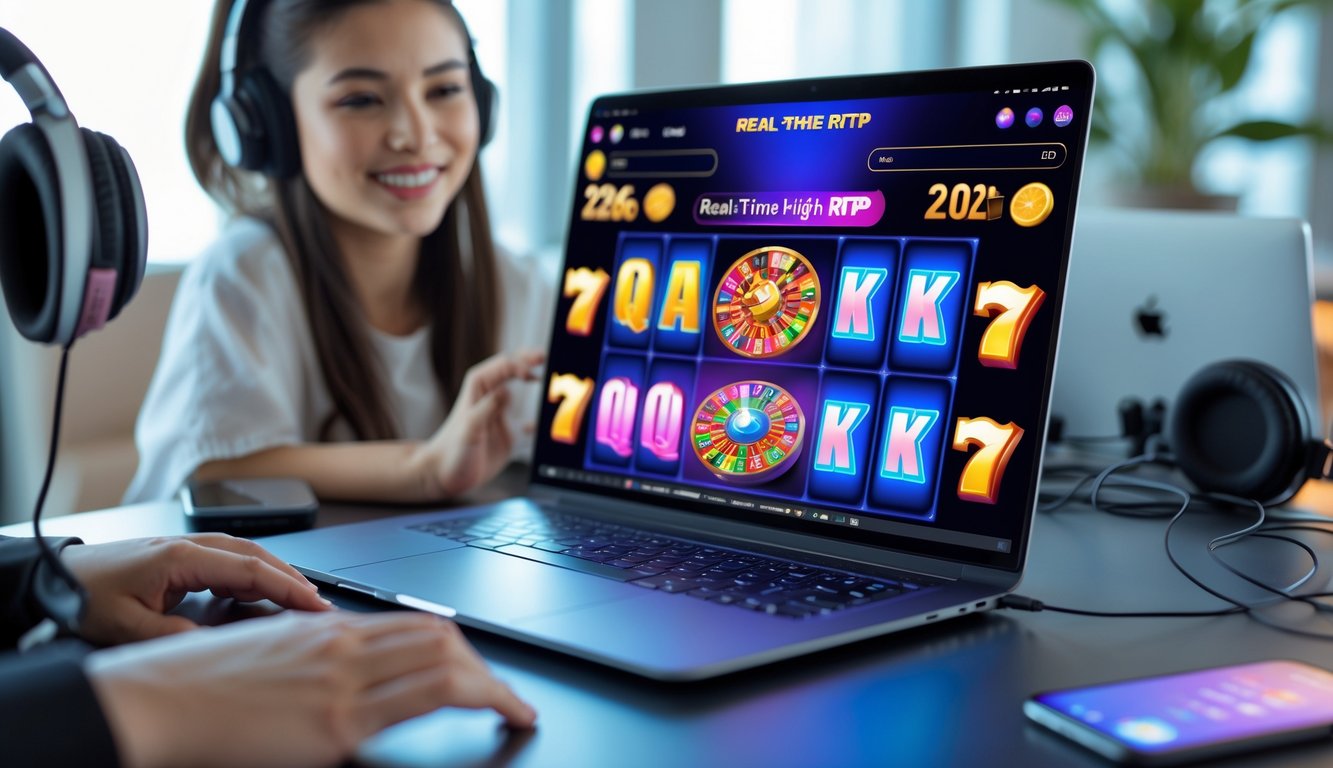 Seorang pemain muda tersenyum sambil bermain permainan slot online di laptop dengan latar belakang ruangan yang rapi.