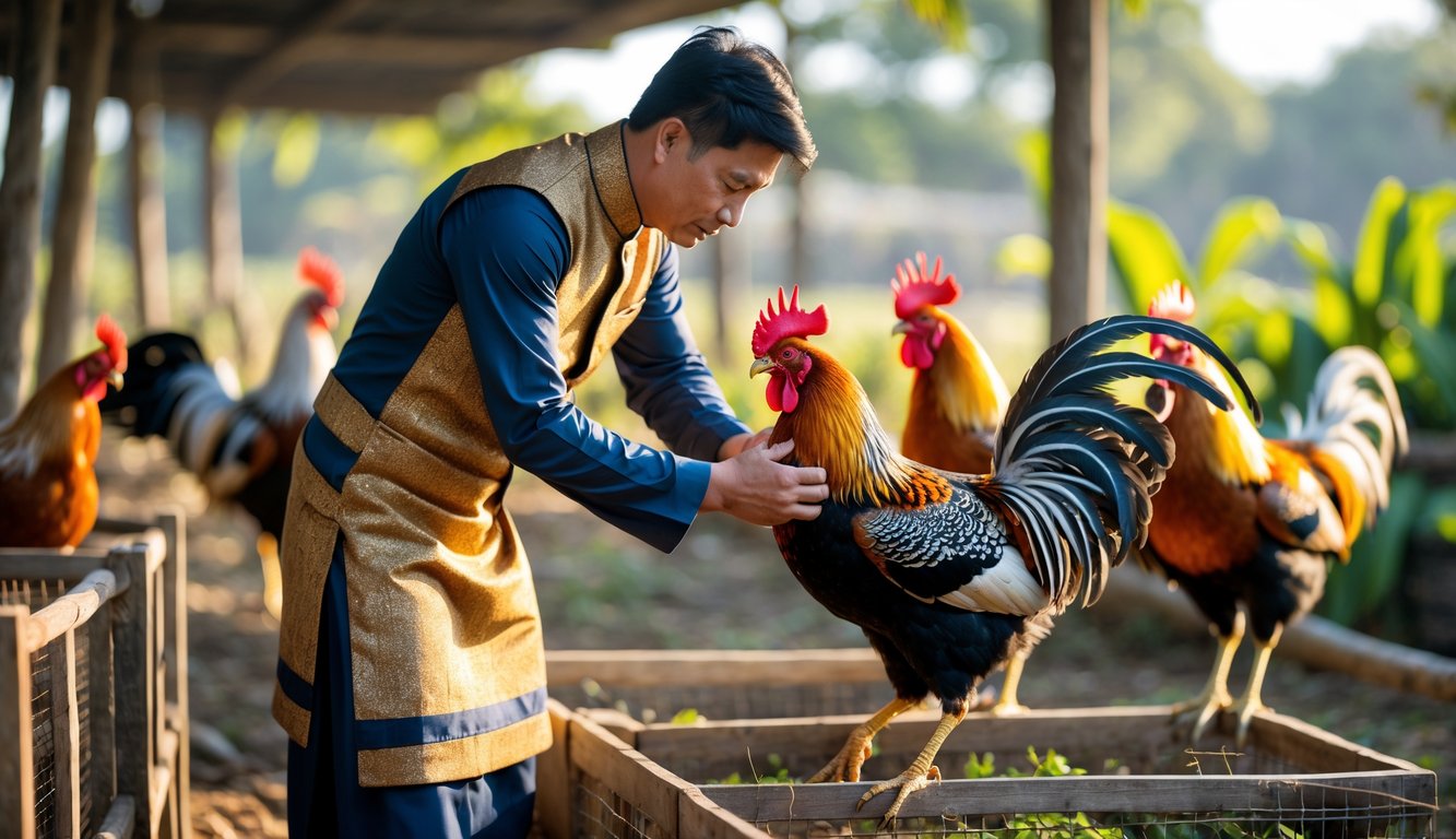 Seorang pria memilih ayam jago dengan cermat di peternakan ayam sabung yang cerah dan alami.