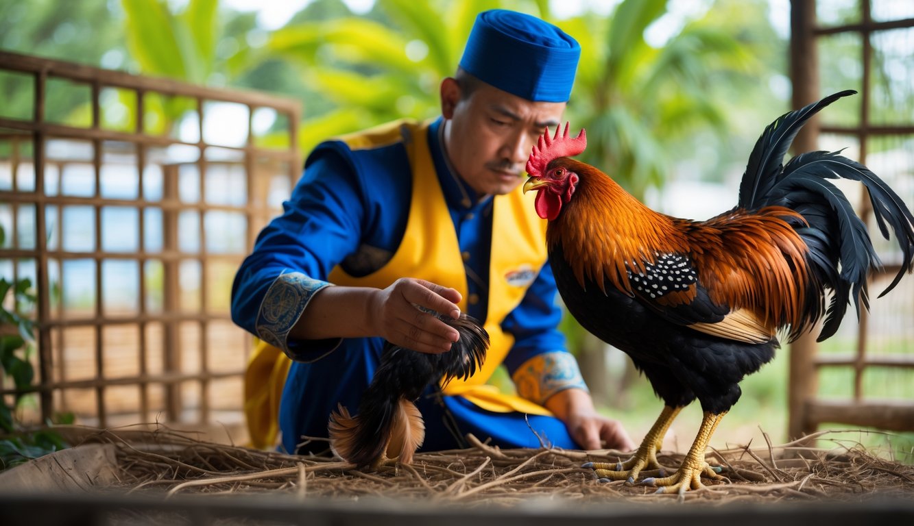 Seorang pria sedang memilih ayam jago dengan hati-hati di luar ruangan dengan latar belakang kandang dan tanaman hijau.
