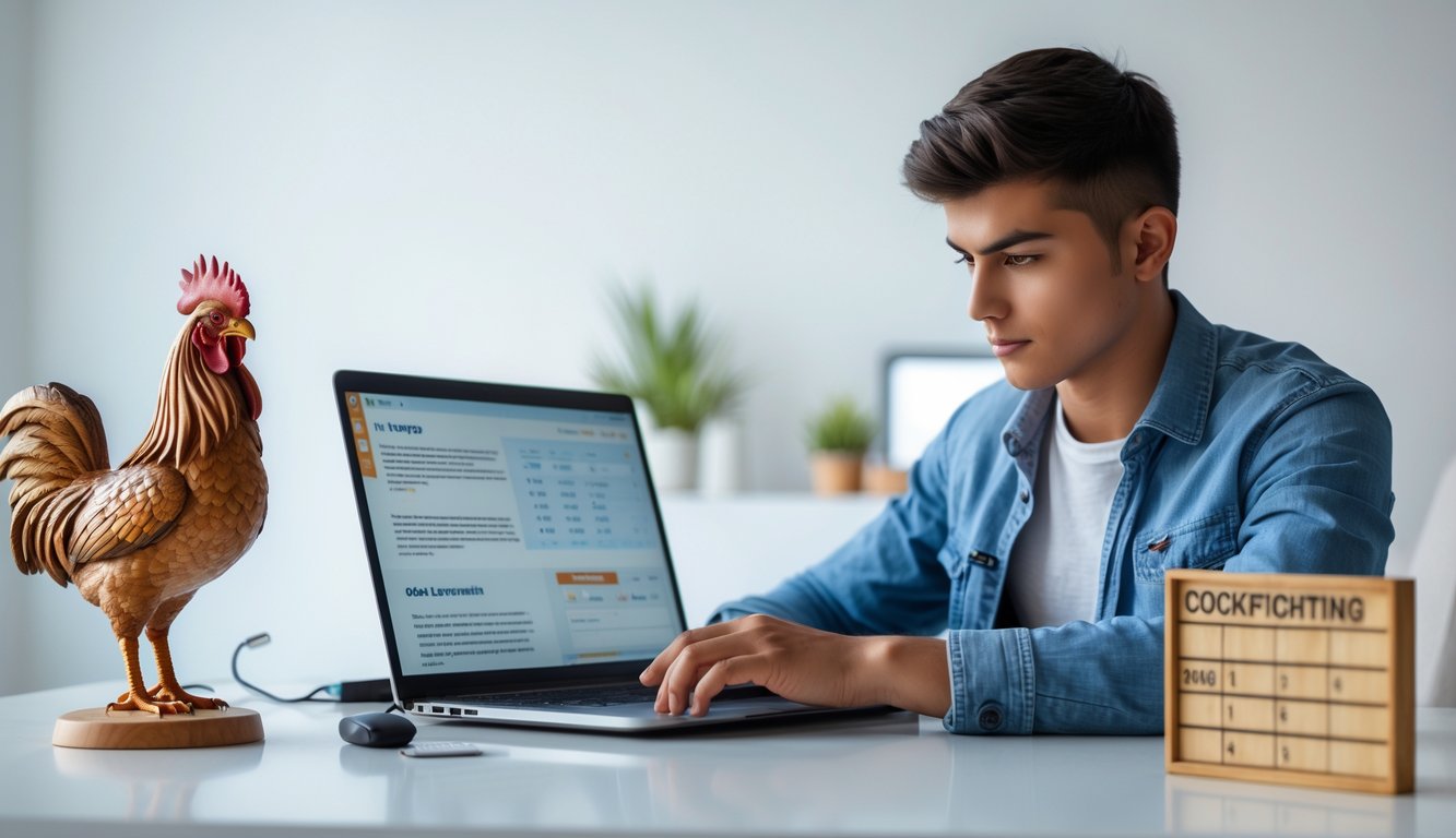 Seorang pemuda fokus belajar strategi sabung ayam di depan laptop dengan patung ayam jago di meja.