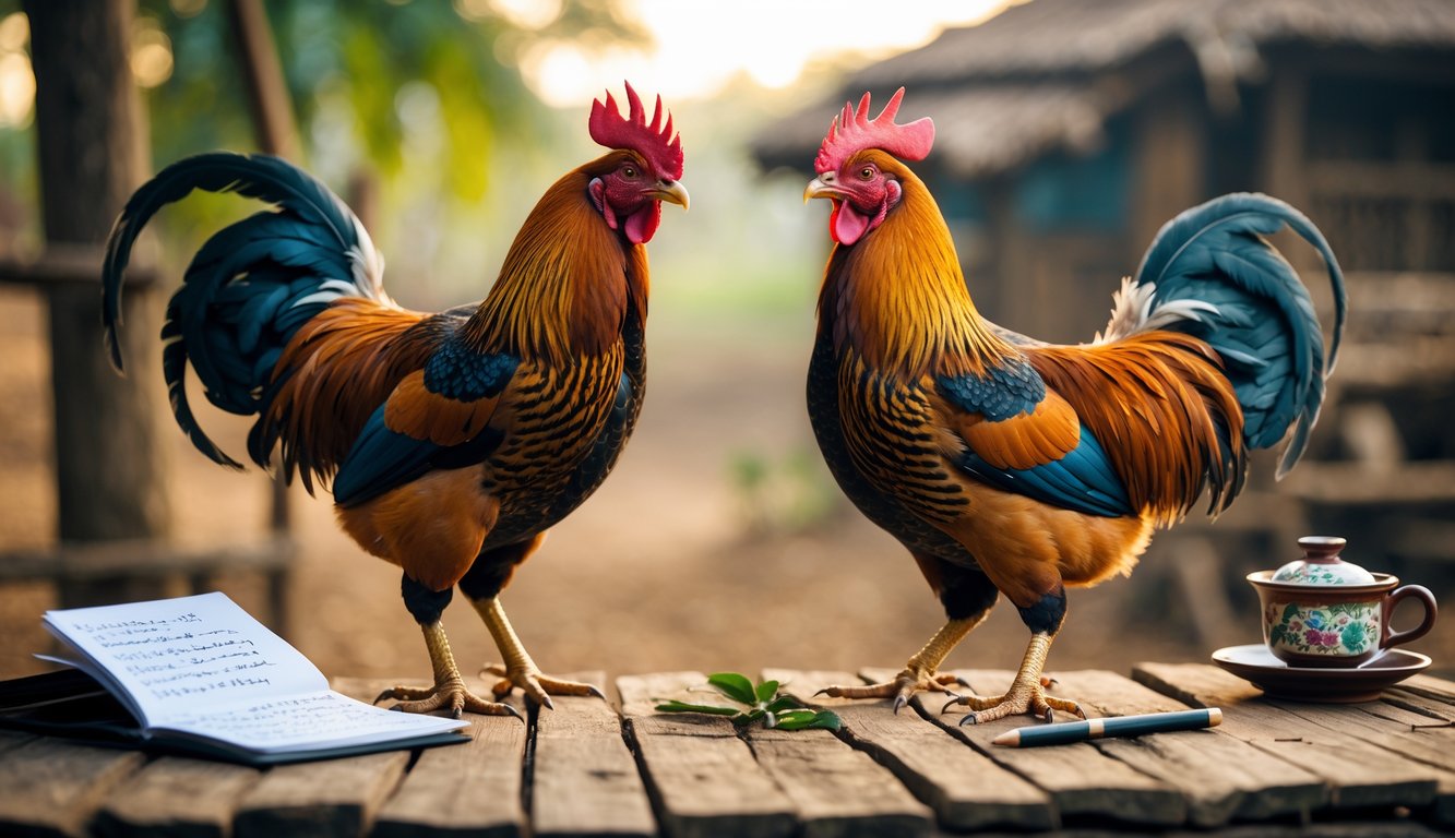 Dua ayam jago siap bertarung di luar ruangan dengan buku catatan dan cangkir teh di meja kayu di dekatnya.