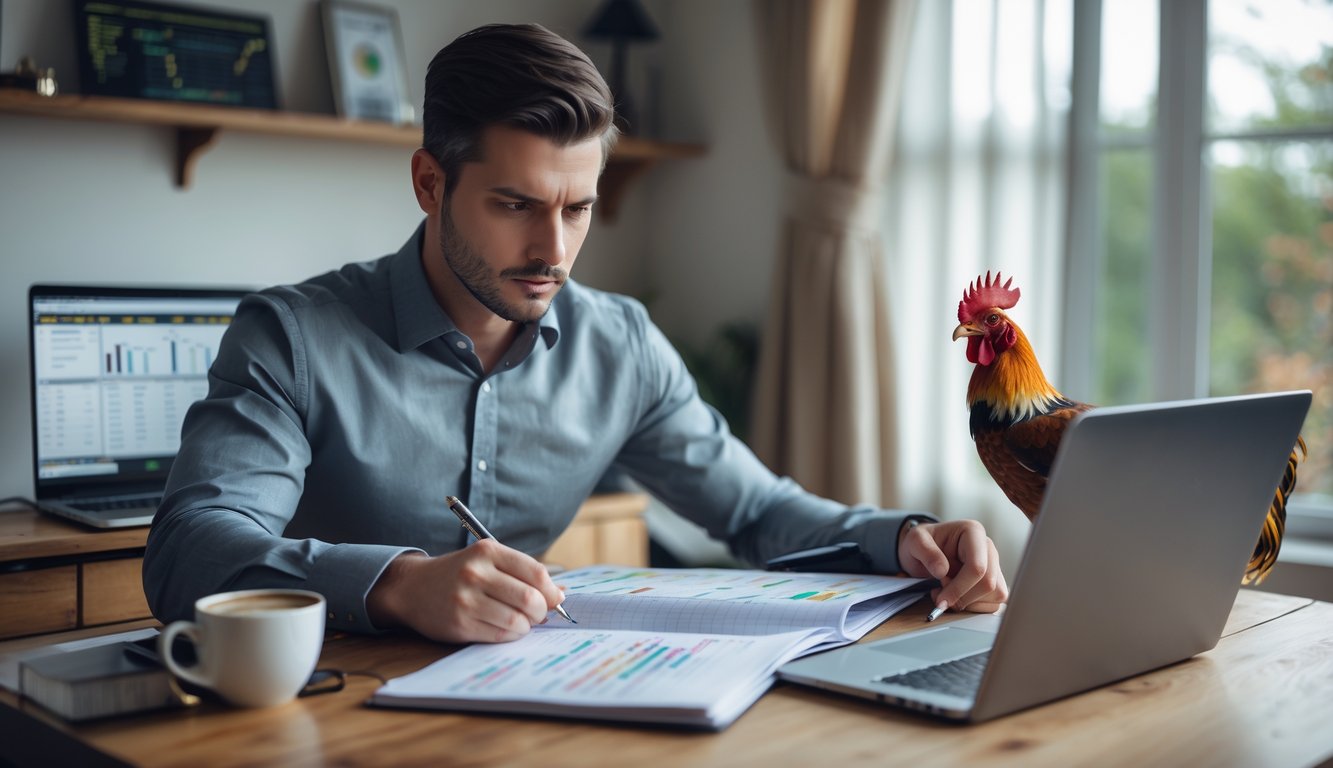 Seorang pria duduk di meja dengan buku catatan dan pena, mempelajari pola untuk prediksi sabung ayam dengan serius.