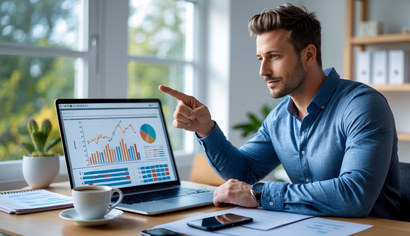 Seorang pria duduk di meja dengan laptop terbuka dan catatan, terlihat fokus dan berpikir keras.