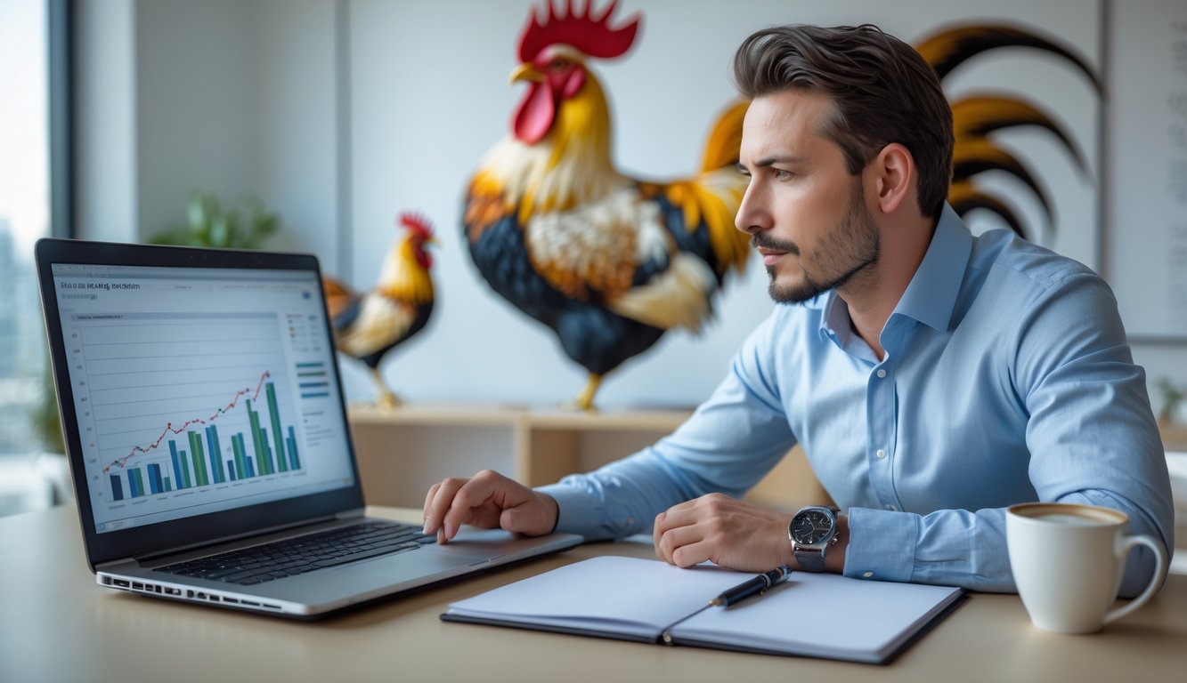 Seorang pria sedang fokus menganalisis data di depan laptop di ruang kantor yang terang dengan meja bersih dan dekorasi ayam jago di latar belakang.