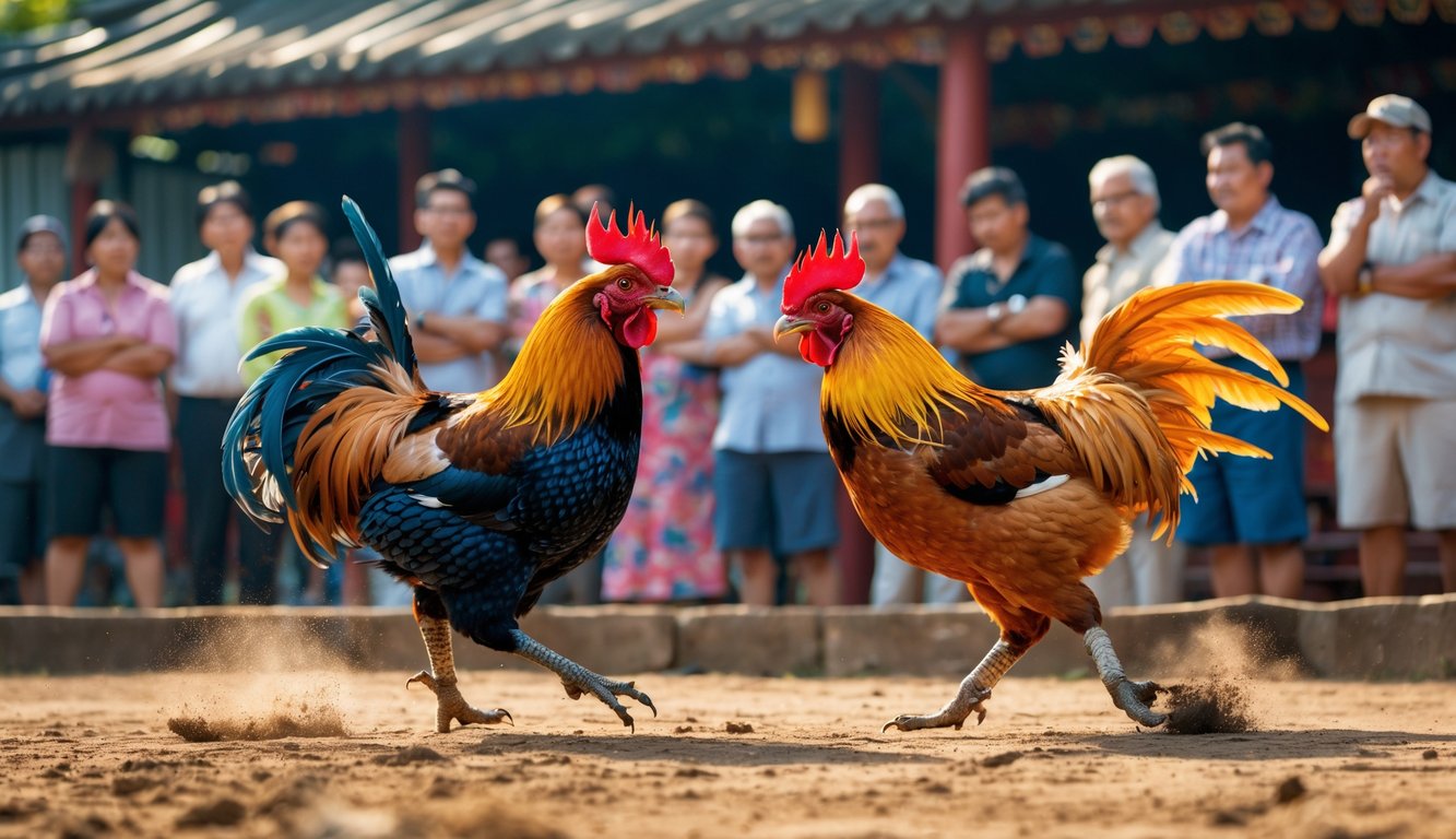 Dua ayam jago sedang bertarung di arena dengan penonton yang memperhatikan dengan serius di sekitarnya.