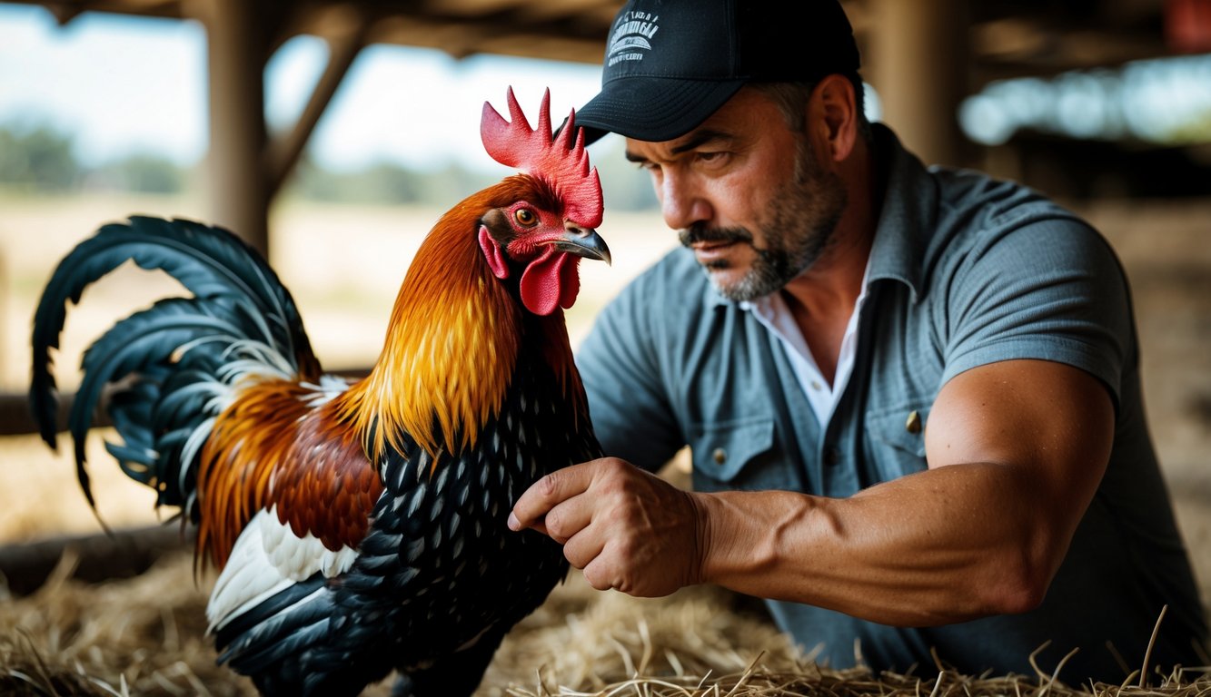 Seorang pria memilih ayam petarung yang kuat dan sehat di lingkungan peternakan tradisional.