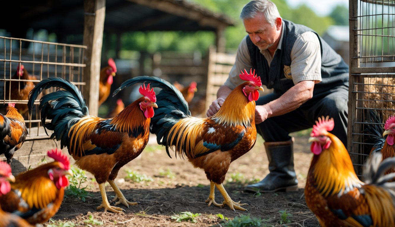 Seorang peternak sedang memeriksa ayam petarung yang sehat dan kuat di lingkungan peternakan terbuka.