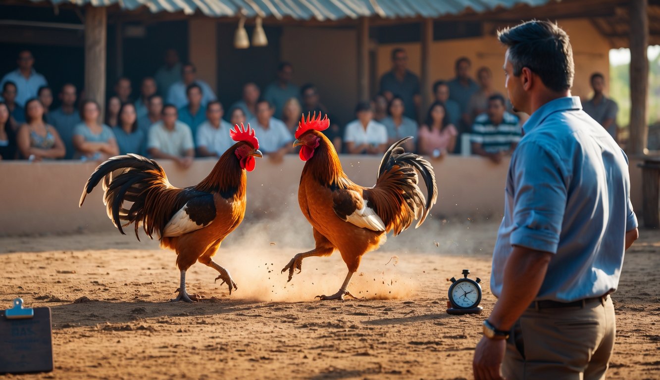 Dua ayam jago sedang bertarung di arena sabung ayam dengan penonton yang fokus mengamati di sekitarnya.