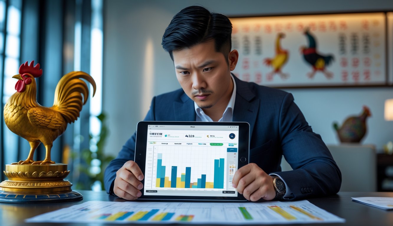 Seorang pria Asia Tenggara sedang fokus menganalisis data strategi pada tablet digital di sebuah ruangan modern dengan dekorasi bertema sabung ayam.
