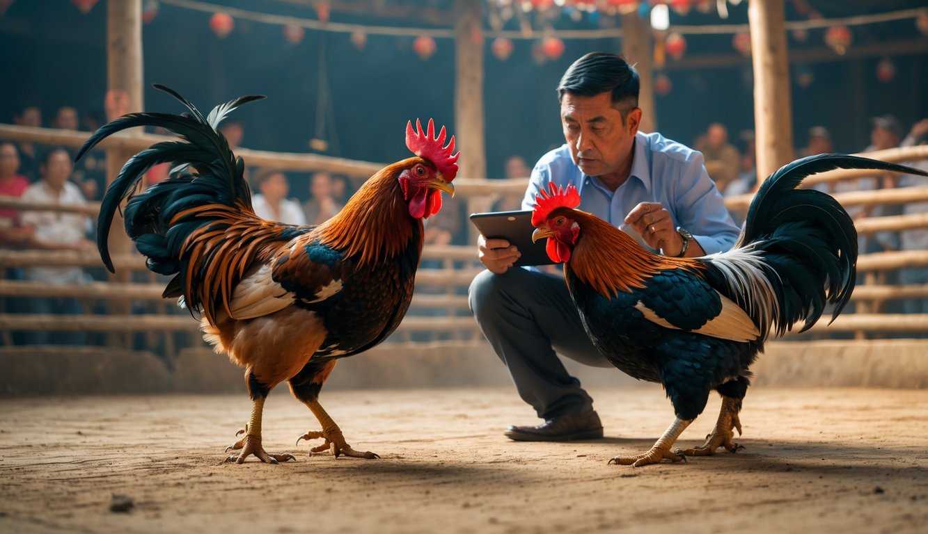 Seorang pria serius mengamati dua ayam aduan yang sedang bertarung di arena tradisional dengan penonton di latar belakang.