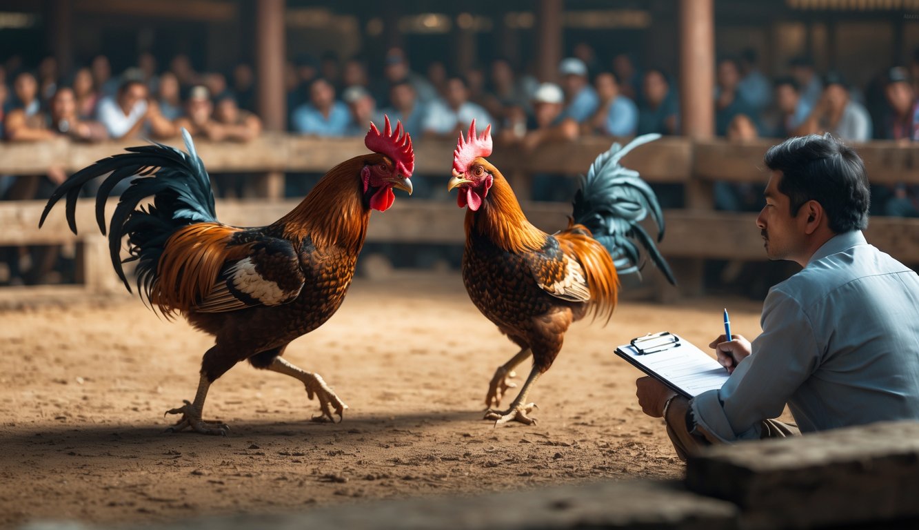 Seorang pria mengamati dua ayam aduan yang sedang bertarung di arena dengan serius sambil mencatat.
