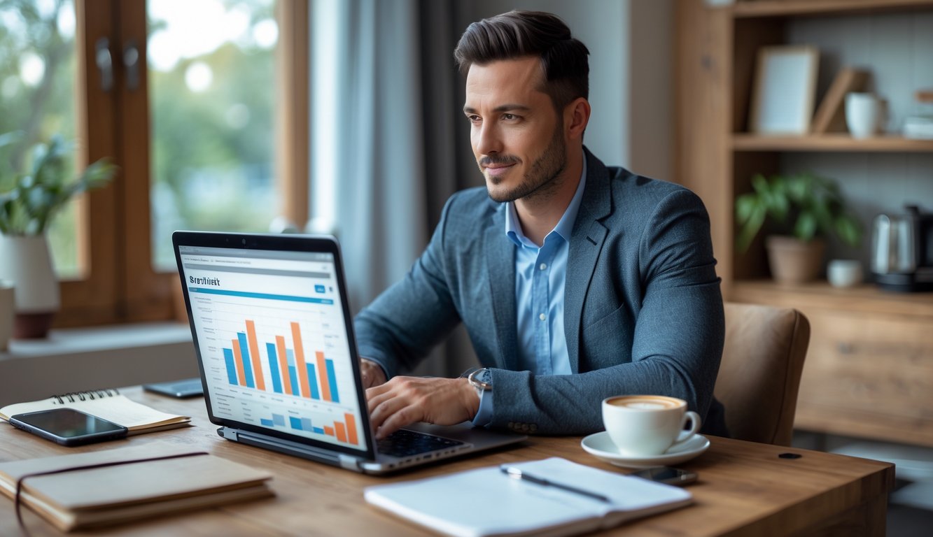 Seorang pria duduk di meja dengan laptop terbuka, terlihat fokus dan siap merencanakan strategi.