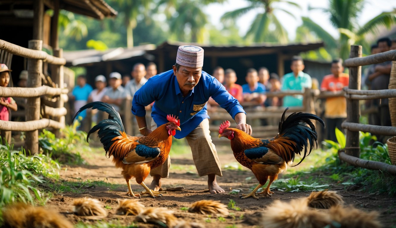 Seorang pria mengenakan pakaian tradisional Indonesia mengamati dua ayam jago bertarung di lingkungan pedesaan dengan penonton di latar belakang.