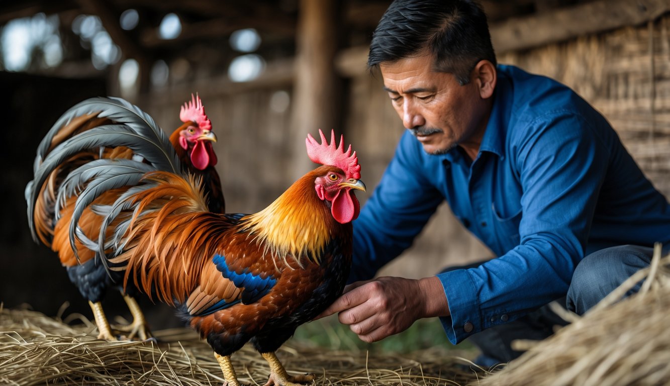 Seorang pria sedang memilih ayam jago yang sehat dan kuat dengan latar belakang suasana tradisional.